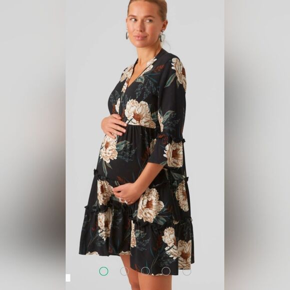 NWT Vero Moda Maternity black floral boho ruffle fairycore tiered shirt dress XS - Picture 1 of 16